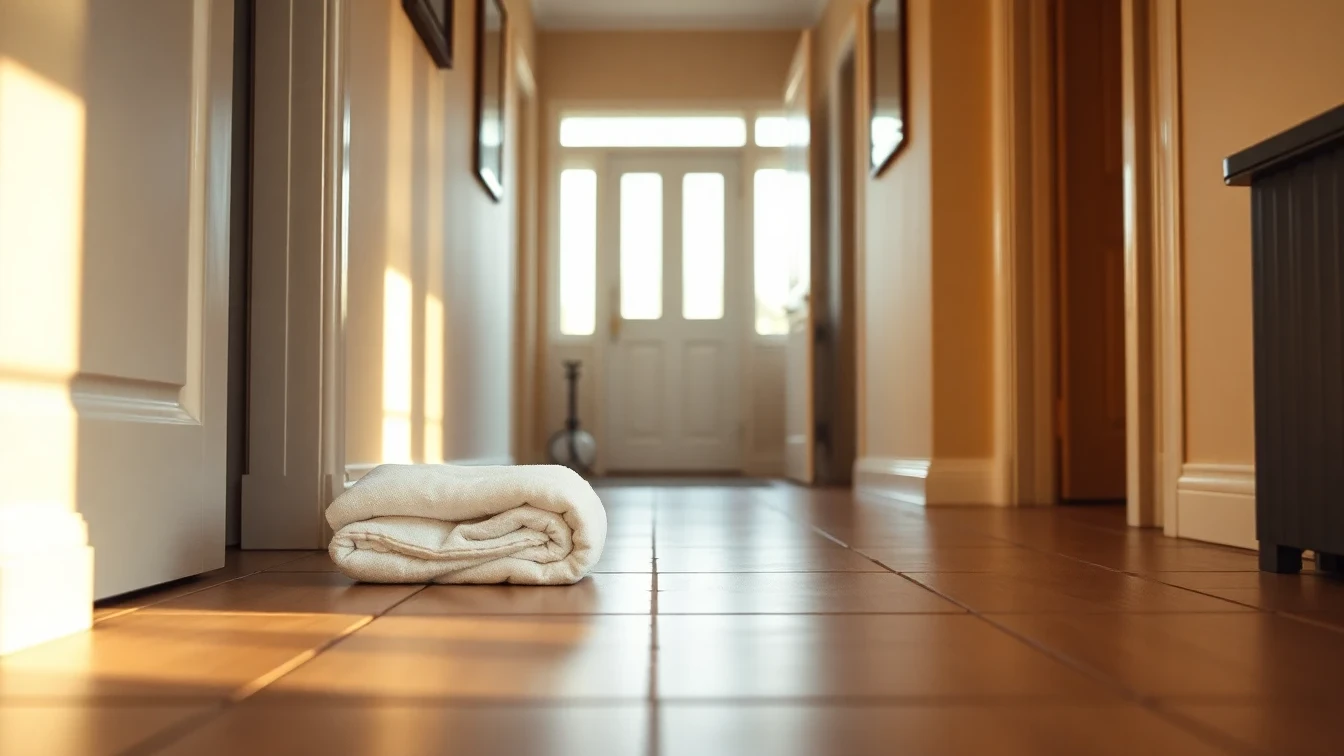 British hallway with towels blocking water from a drain emergency